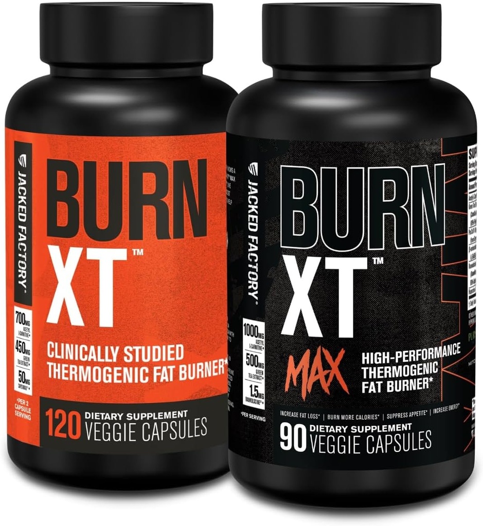 Jacked Factory Burn-XT Clinically Studied Fat Burner & Weight Loss Supplement (120 Capsules) & Burn XT Max High-Performance Fat Burner & Appetite Suppresant (90 Capsules)