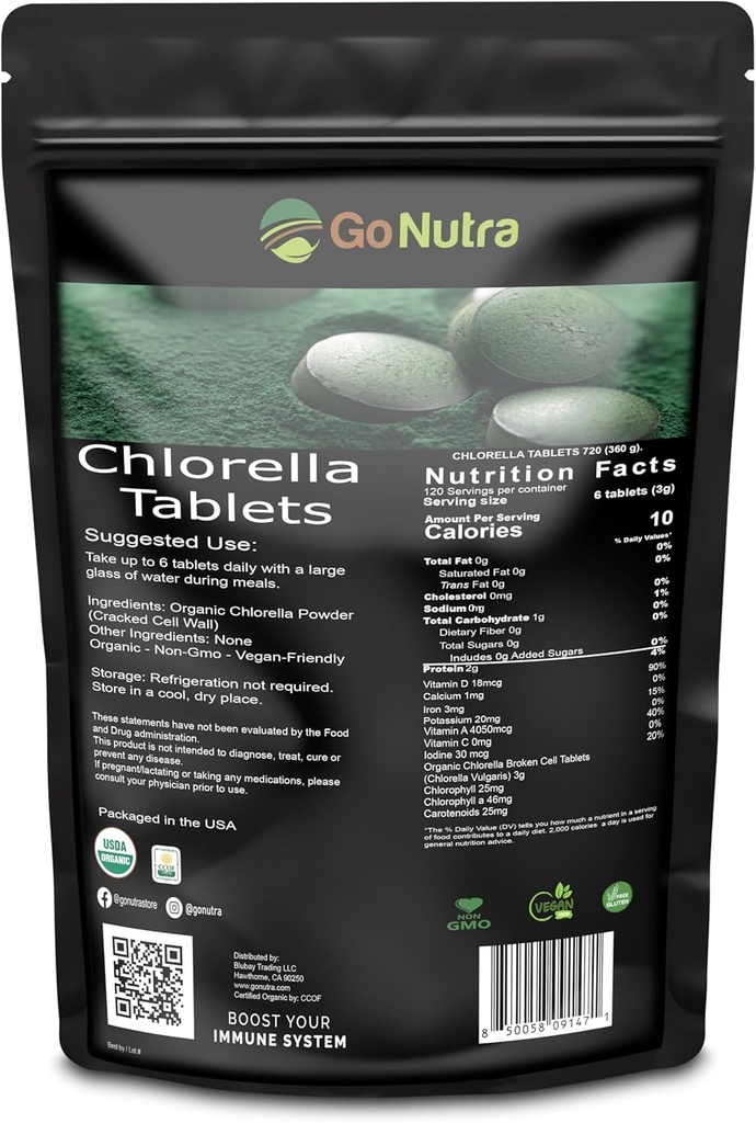 Go Nutra Organic Chlorella Tablets | Broken Cell Wall Superfood Rich in Minerals, Vitamins, Chlorophyll, Amino Acids, Fatty Acids, Fiber & Proteins | Non-GMO, Vegan | 3000mg Per Serving,1000 Tablets
