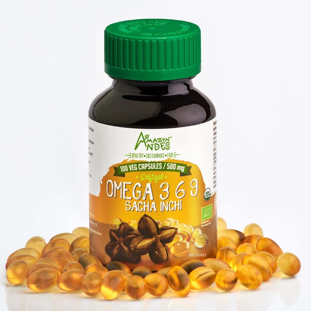 Amazon Andes Sacha Inchi Oil Capsules - Source of omegas 3, 6 and 9 - Healthier Source of Essential Fatty Acids - Vegan, Non-GMO, Allergen-free & Gluten Free - 100 Softgel Pills (500mg) - Made in Peru