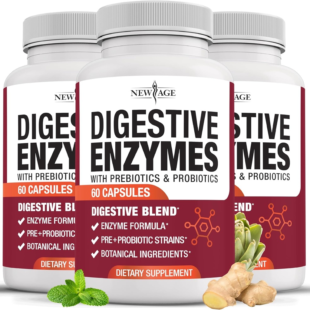 NEW AGE Digestive Enzymes for Gut Health - Probiotic Multi Enzymes with Prebiotics and Probiotics with Lipase for Women and Men for Digestive Health, Daily Enzymes for Digestion - 180 Count