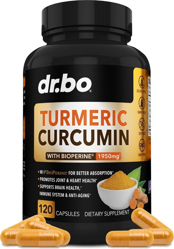Turmeric Curcumin with BioPerine Supplement Capsules - Support Supplements with 1950mg Curcuma Longa Pure Organic Tumeric and Curcumin BioPerine Black Pepper - 120 Turmeric Pills