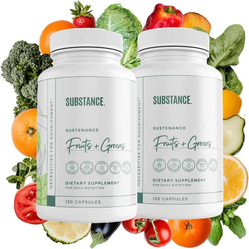 SUBSTANCE. 2-pck Nature's Sustenance Daily Greens, Daily Fruit and Veggies Supplement - Enhance Energy, Mental Clarity - Fruits and Vegetables Supplements - US Made, Vegan-Friendly - 60 Servings.
