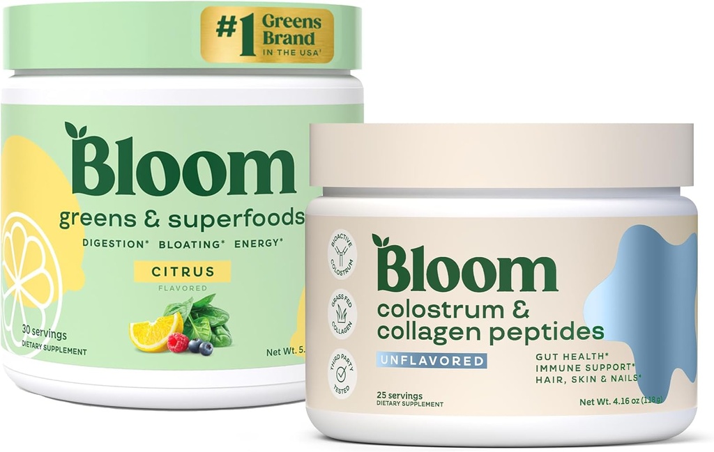 Bloom Nutrition Superfood Greens Powder, Digestive Enzymes with Probiotics and Prebiotics, Gut Health, Bloating Relief, Citrus + Bovine Colostrum Powder | Pure 40% IgG Premium Colostrum