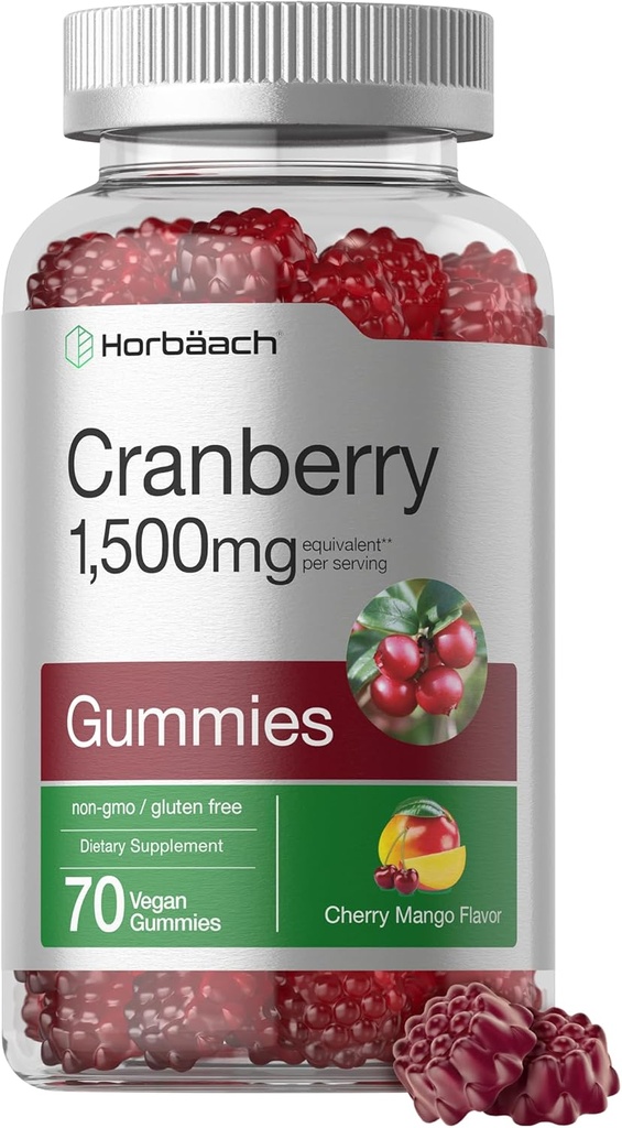 Horbäach Cranberry Gummie Supplement | 70 Vegan Cherry Mango Chews | High Potency Extract Formula | Non-GMO and Gluten Free
