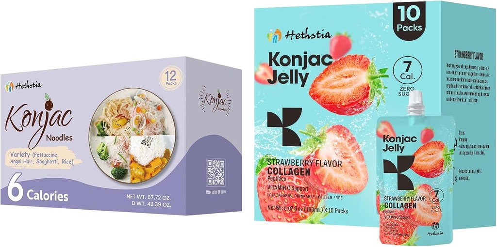 Hethstia Konjac Jelly Strawberry Flavor Collagen Peptides 10 Packs and Konjac Noodles Variety Gluten Free 12 Packs Low Calorie, Keto, Sugar Free, Healthy Food