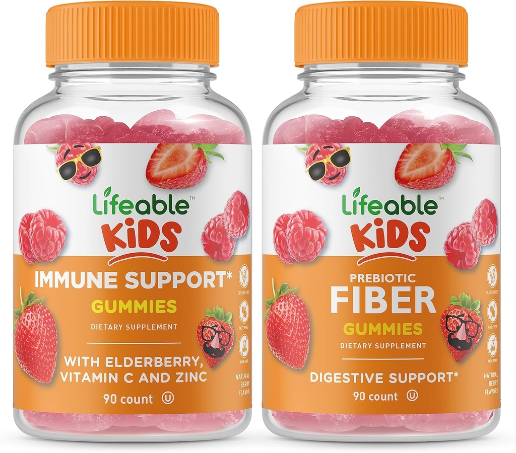 Lifeable Immune Support Kids + Prebiotic Fiber Kids, Gummies Bundle - Great Tasting, Vitamin Supplement, Gluten Free, GMO Free, Chewable Gummy