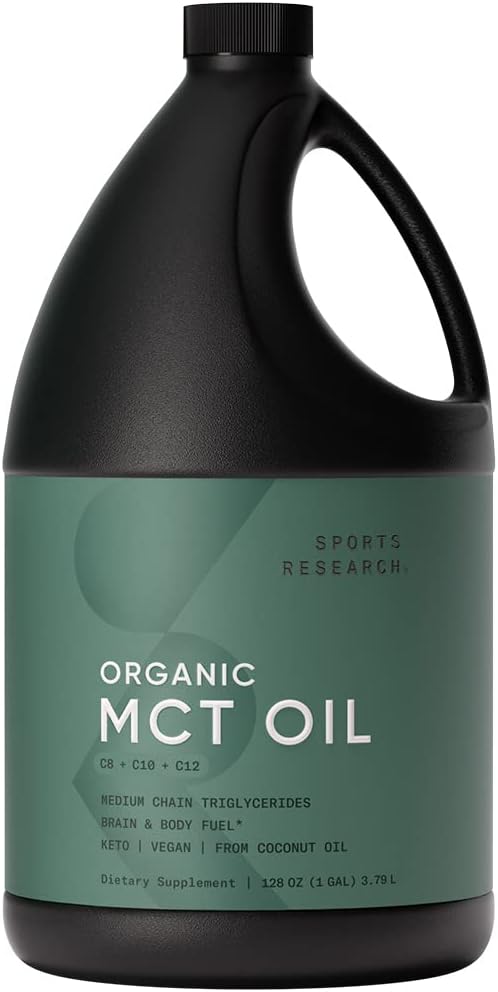 Sports Research Keto MCT Oil from Organic Coconuts - Fatty Acid Fuel for Body + Brain - Triple Ingredient C8, C10, C12 MCTs - Perfect in Coffee, Tea, & More - Non-GMO & Vegan - Unflavored (128 Oz)