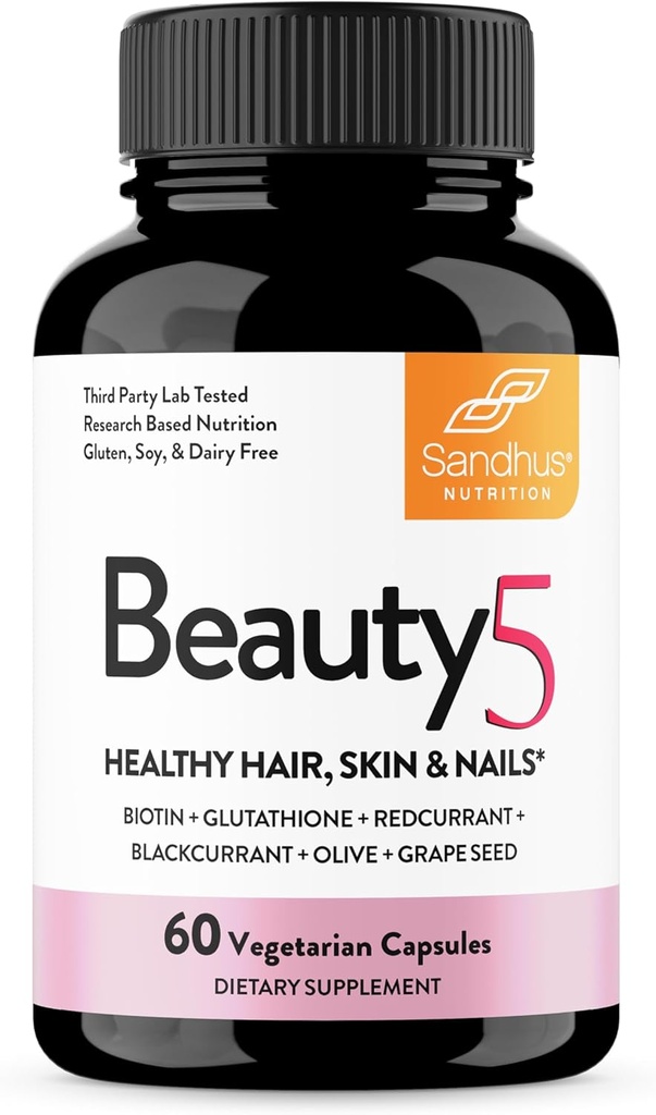 Sandhu's Beauty5 Capsules|60 Vegetarian Capsules| 30 Servings|Skincare Supplement| Supplement for Hair, Skin & Nail- Supports Collagen Synthesis| Keto & Vegan Friendly