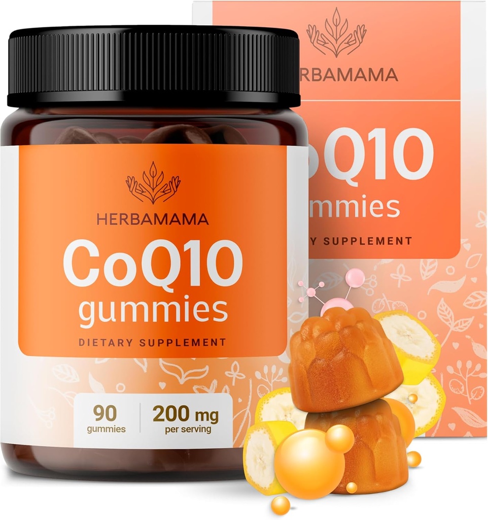 HERBAMAMA CoQ10 Gummies - 200mg Coenzyme Q10 for Antioxidant Support - Vegan, Non-GMO Daily Energy Support Supplement - 90 Pectin-Based Banana-Flavored Chews