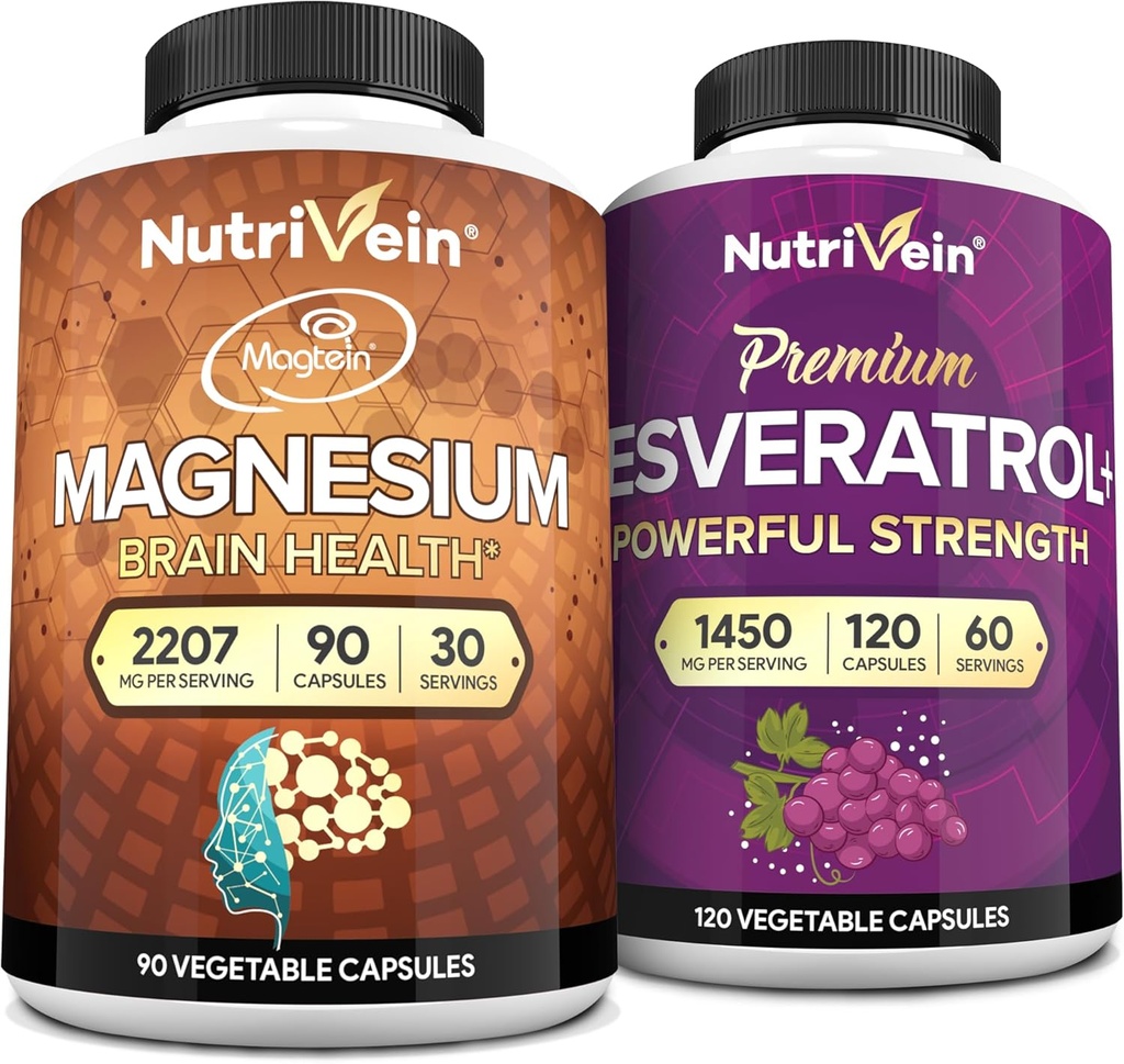 Nutrivein Premium Magnesium L-Threonate & Resveratrol Supplement Bundle: High-Absorption Magnesium Threonate and Resveratrol Capsules for Repair, Defenses, & Vitality