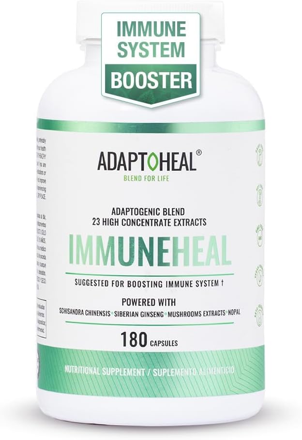 ADAPTOHEAL Immuneheal – Adaptogen, Immune System Booster Supplement with Schisandra Chinensis, Ginseng and Mushroom Extract (180 Capsules)