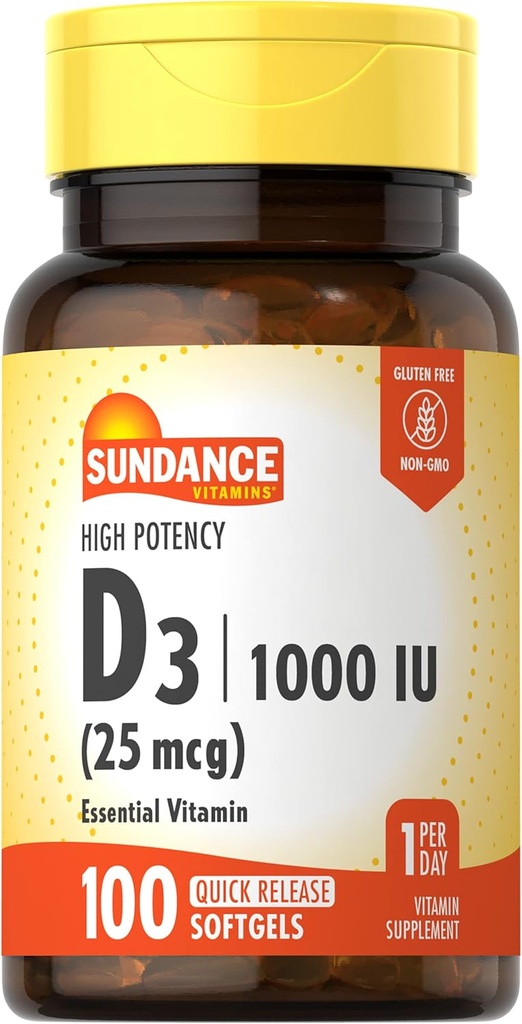 Sundance Vitamin D3 1000iu | 100 Softgels | High Potency Formula | Non-GMO and Gluten Free Supplement