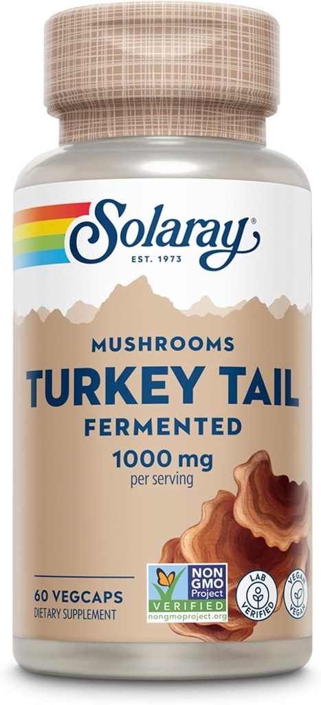SOLARAY Fermented Turkey Tail Mushroom Supplement 1000mg - Overall Wellness Support - Turkey Tail Mushroom Capsules with Organic Mushrooms - Vegan, Non-GMO, Lab Verified, 60-Day Guarantee, 30 Servings