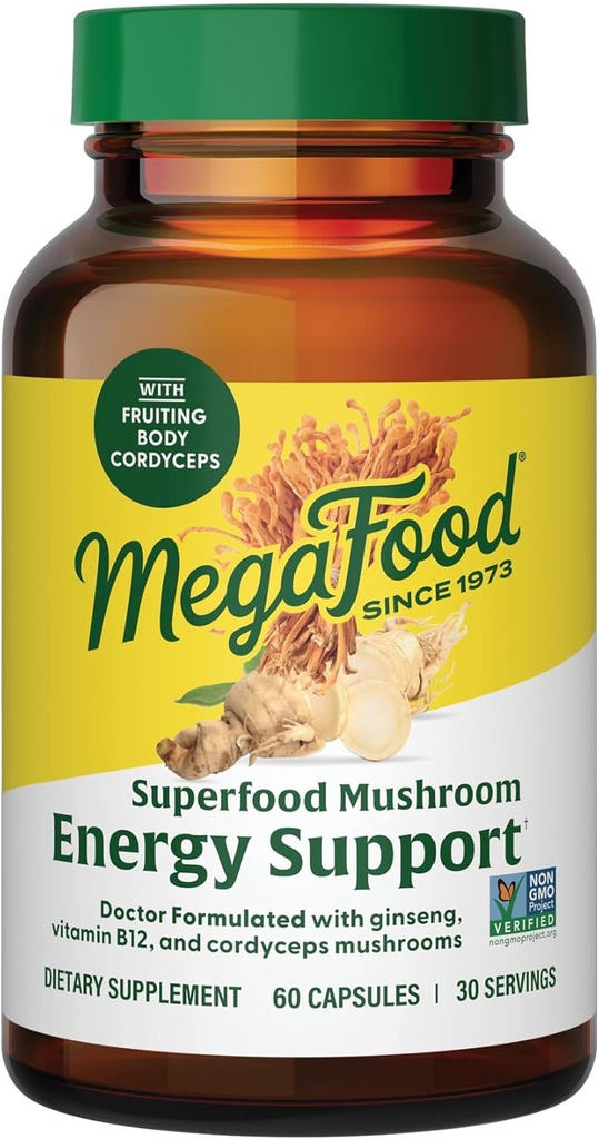 MegaFood Superfood Mushroom Energy Support - Cordyceps Mushroom Supplement with Methylated B12 Vitamins & Panax Ginseng - Doctor Formulated, Gluten-Free, Vegan - 60 Capsules, 30 Servings