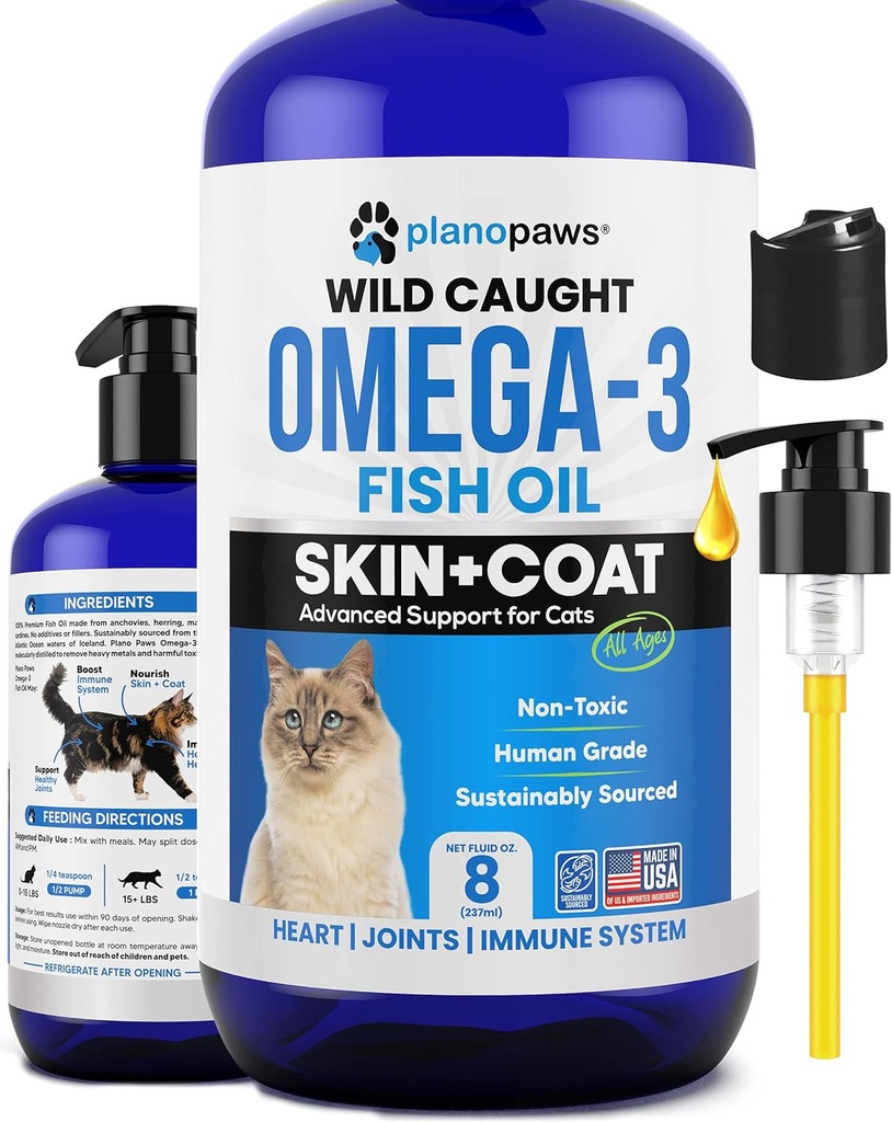 Omega 3 Fish Oil for Cats - Better Than Salmon Oil - Kitten & Cat Vitamins and Supplements - Cat Dandruff Treatment - Liquid Fish Oil for Pets - Shedding Support - Cat Health Supplies for All Ages