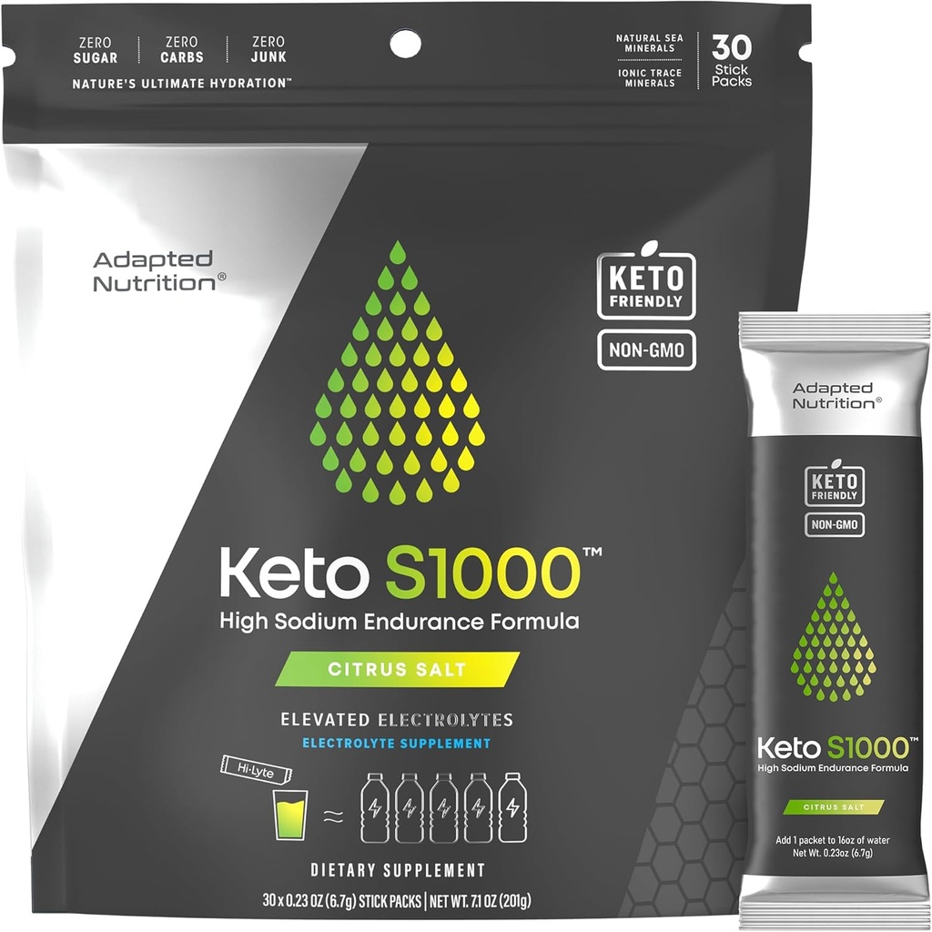 Adapted Nutrition Keto S1000 Electrolyte Powder Packets | Keto and Paleo Friendly | No Sugar, Calories, Maltodextrin | Clean | 30 Citrus Salt Hydration Stick Packs