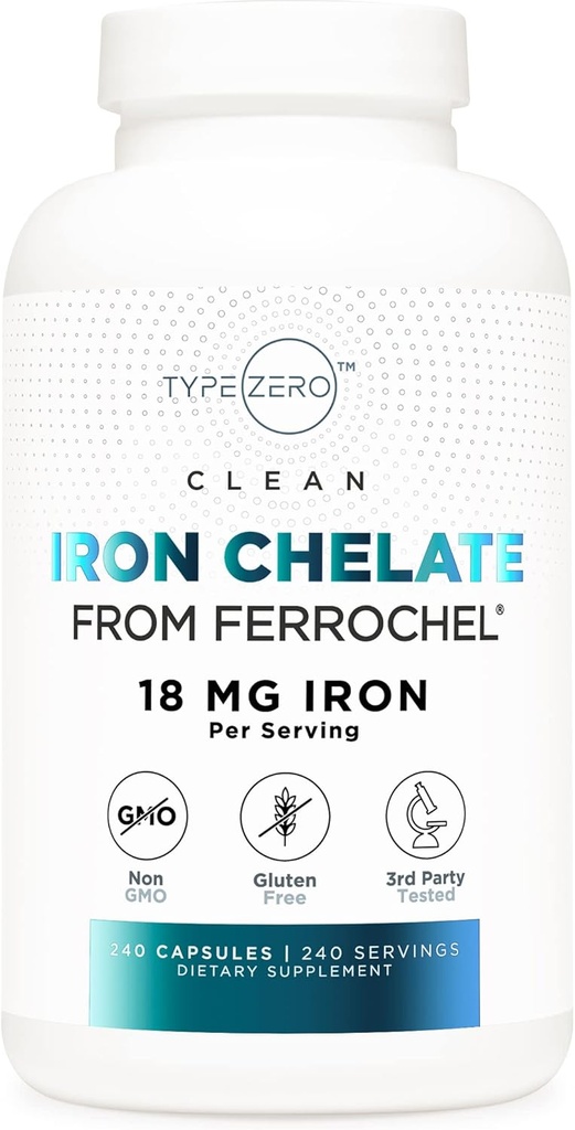 Type Zero Iron Chelate Capsules (18 MG, 240 CAPS) from Ferrochel Ferrous Bisglycinate Chelate - Non-GMO and Gluten Free