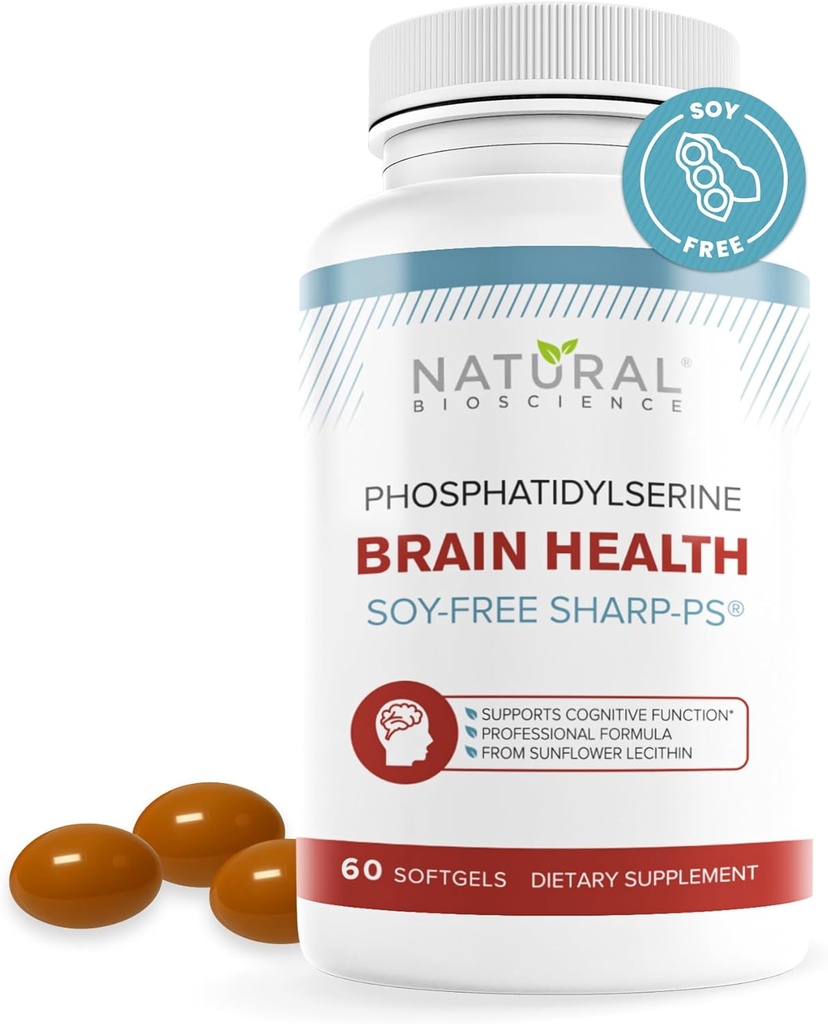 Soy Free Phosphatidylserine 100mg Softgel - PS Supplement Boosts Memory, Focus, Problem Solving, Cortisol Control. Natural Sunflower Lecithin, Patented Sharp PS-Green. Non-GMO, 60 Softgels