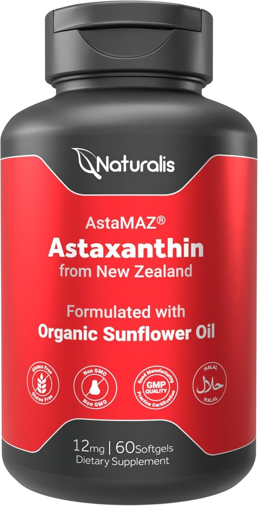 Naturalis New Zealand Astaxanthin (12mg) | Enhanced with Natural Vitamin E | Non-GMO, Soy & Gluten Free | 60 Softgels (2 Month Supply)