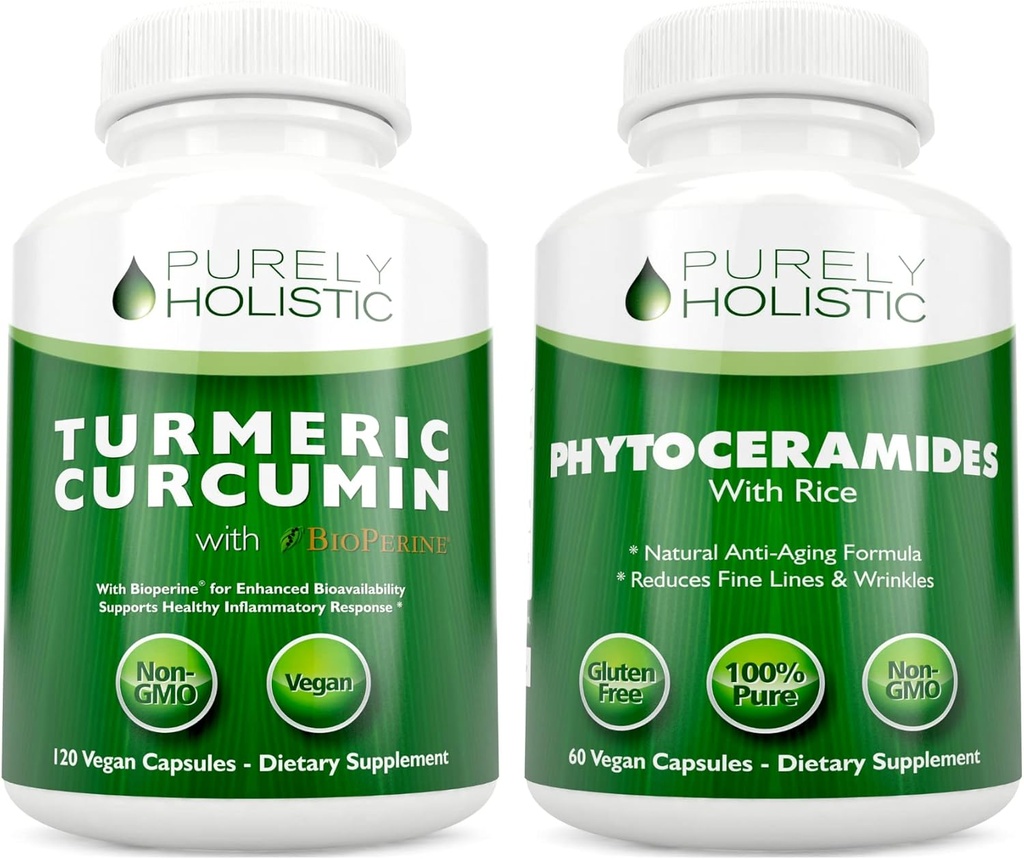 Organic Turmeric Curcumin 700mg & Bioperine + Phytoceramides Skin Therapy - Vegan Bundle - 120 + 60 Capsules - Made in USA
