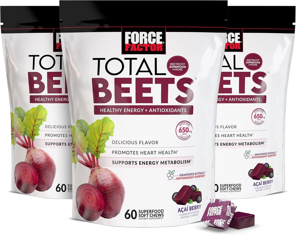 Force Factor Total Beets Soft Chews with Beetroot, Nitrates, L-Citrulline, Grapeseed Extract, & Antioxidants, Healthy Energy Supplement with Elite Ingredients for Heart, Superfood, 180 Count, 3-Pack