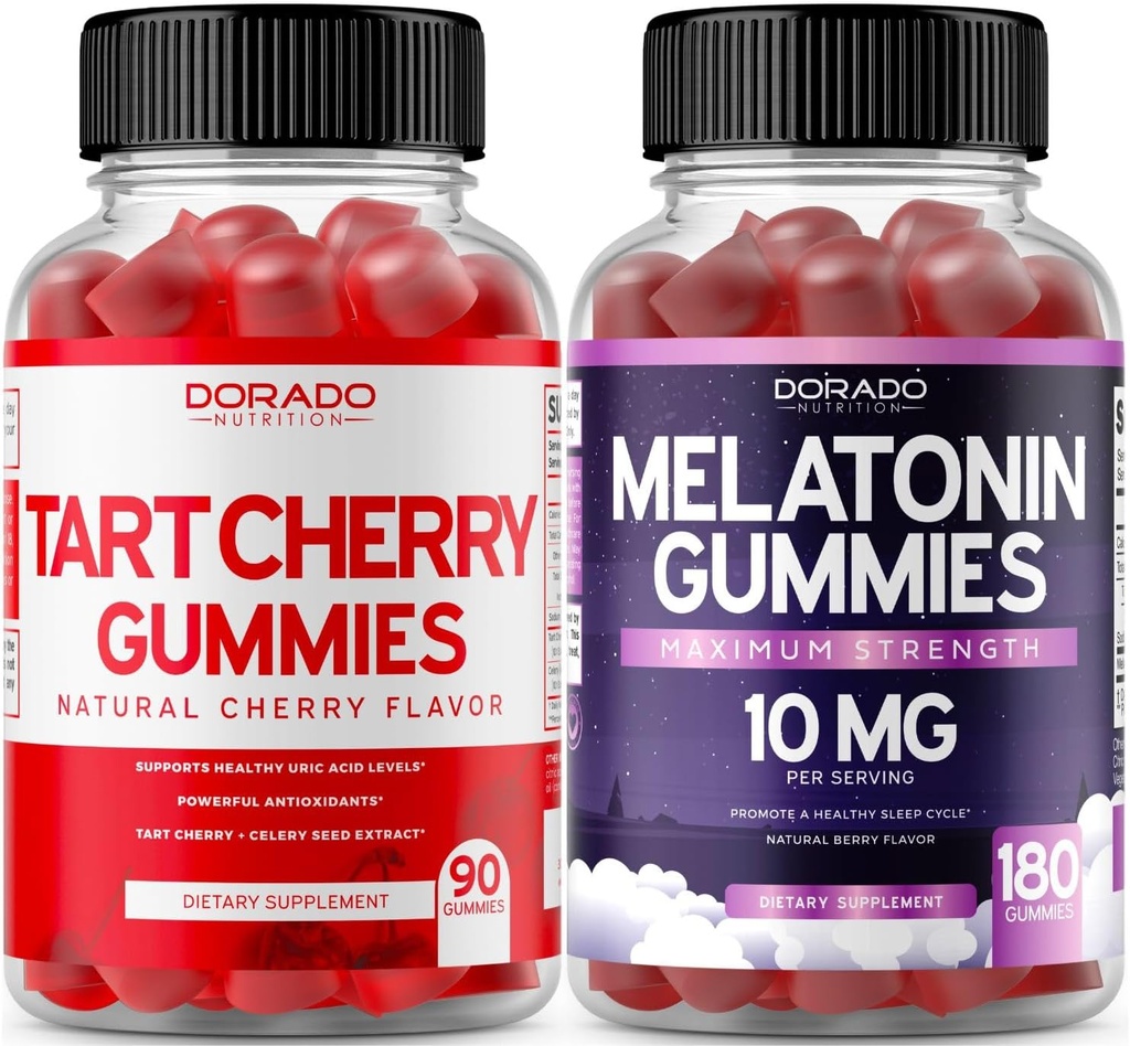 Tart Cherry Gummies Uric Acid Level Support (90 Count) - Advanced 2400mg Equivalent Extract with Celery Seed Melatonin for Adults (180 Count) - Quick Dissolve Melatonin 20mg - NonGMO, Vegan & USA Made