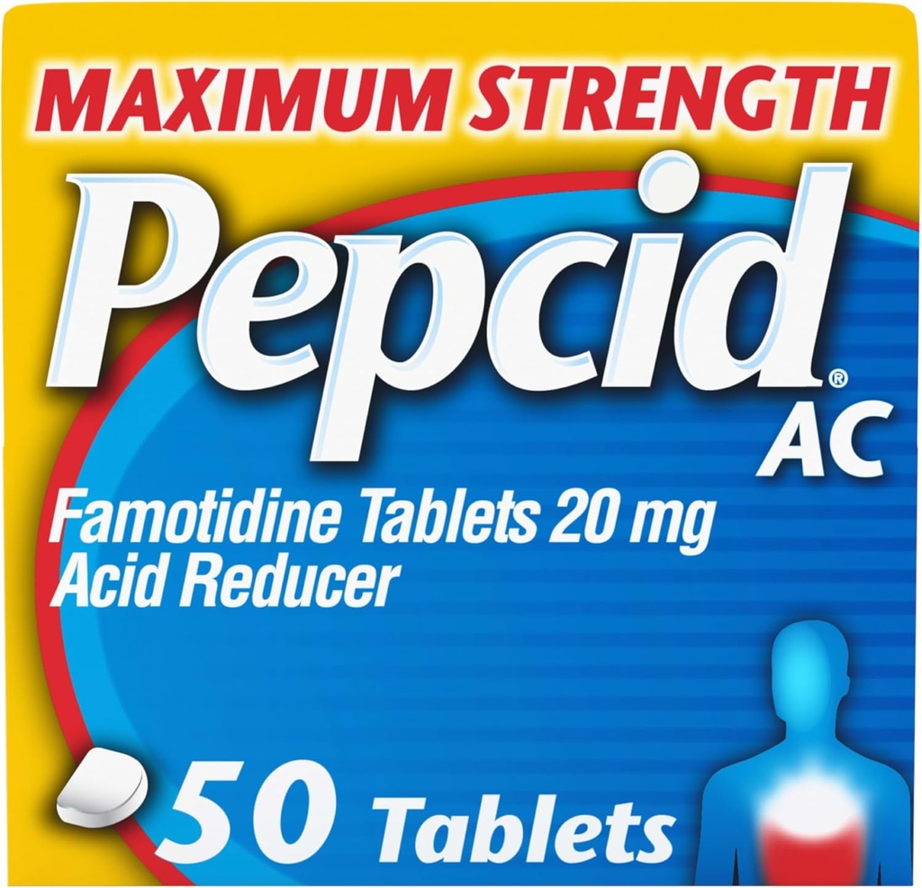 Pepcid AC Maximum Strength Heartburn Relief Tablets, OTC Medicine Prevents & Relieves Heartburn & Acid Reflux Due to Acid Indigestion, 20mg Famotidine Acid Reducer, Fast-Acting, 50 ct