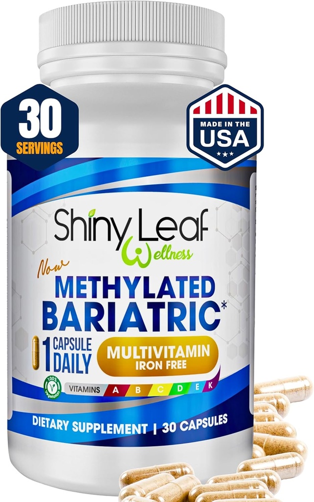 Shiny Leaf Methylated Bariatric Multivitamin Without Iron – Vitamins for Gastric Bypass & Sleeve, Made In USA, 1 Daily Capsule W Methylated Folate, B12, A, C, D, K & More. Vegetarian, Soy-Free, 30 Ct.