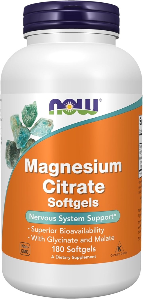 NOW Supplements, Magnesium Citrate, With Glycinate & Malate, Nervous System Support*, 180 Softgels
