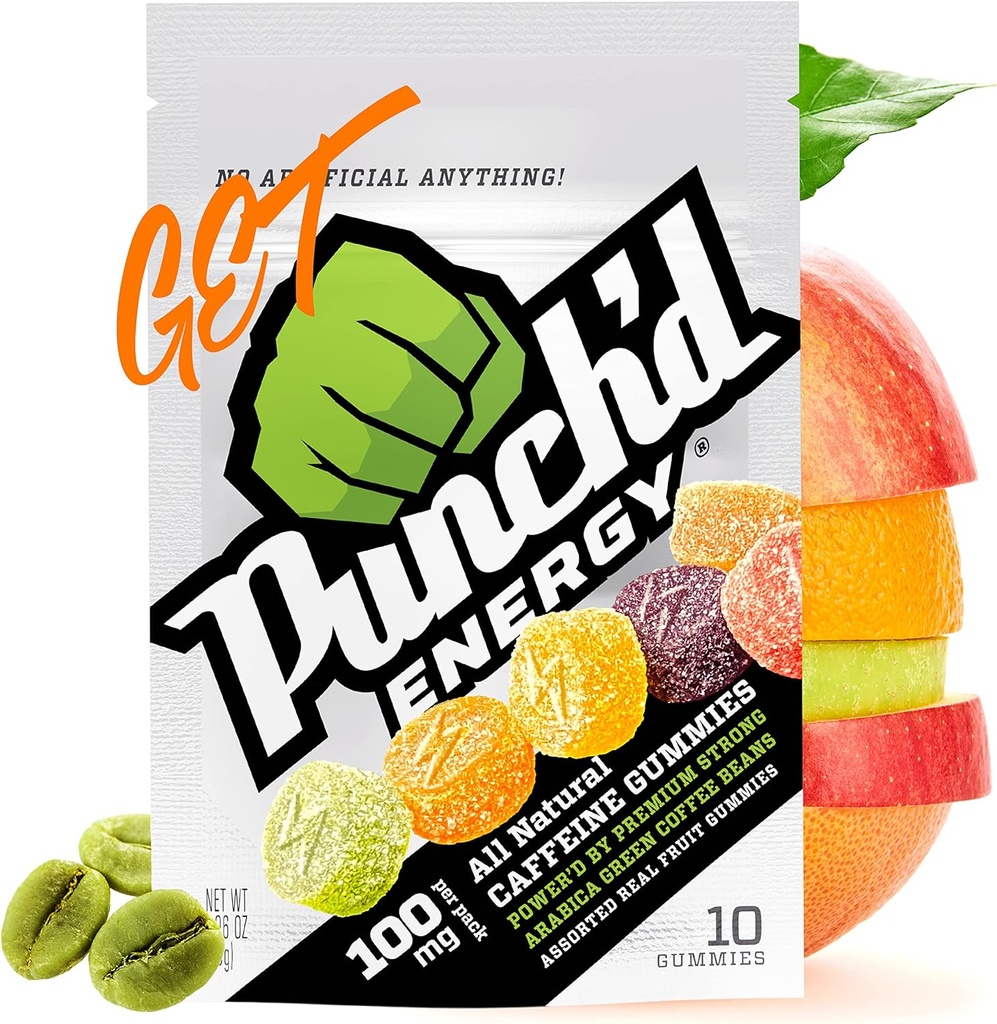 Punch'd Energy, All Natural Caffeine Gummies, 10 Gummies = 100mg of Caffeine per Pack (Box of 10) Clean Label, Green Coffee Energy Chews, Ultra Low Glycemic, Low Calorie, Vitamin C
