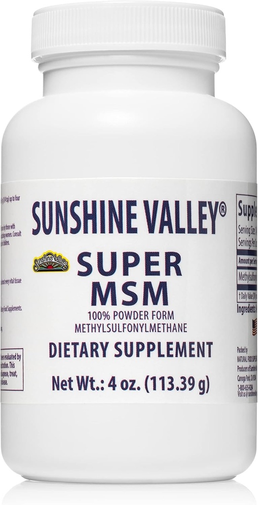 Sunshine Valley® Super MSM Supplement - Methylsulfonylmethane MSM Crystals Powder for Joint Support, Nails, Hair & Skin Health - 100% Pure Powder, Unflavored, Dietary Supplement - 4 oz