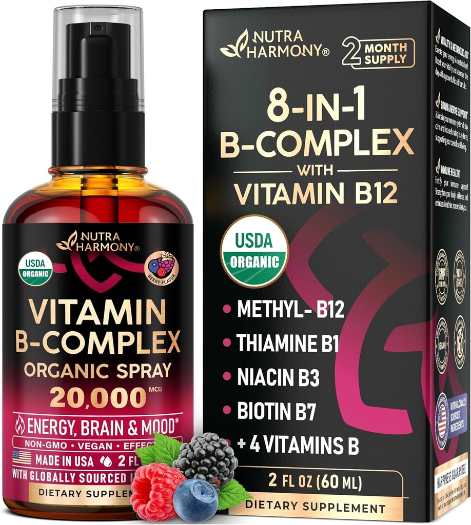 USDA Organic Vitamin B-Complex Liquid Spray 8-in-1 - B5 Pantothenic Acid | B12 Methylcobalamin | B1 Thiamine | B6 Pyridoxine | B7 Biotin | B9 Folic | B3 Niacinamide - Made in USA Supplement, 2fl oz