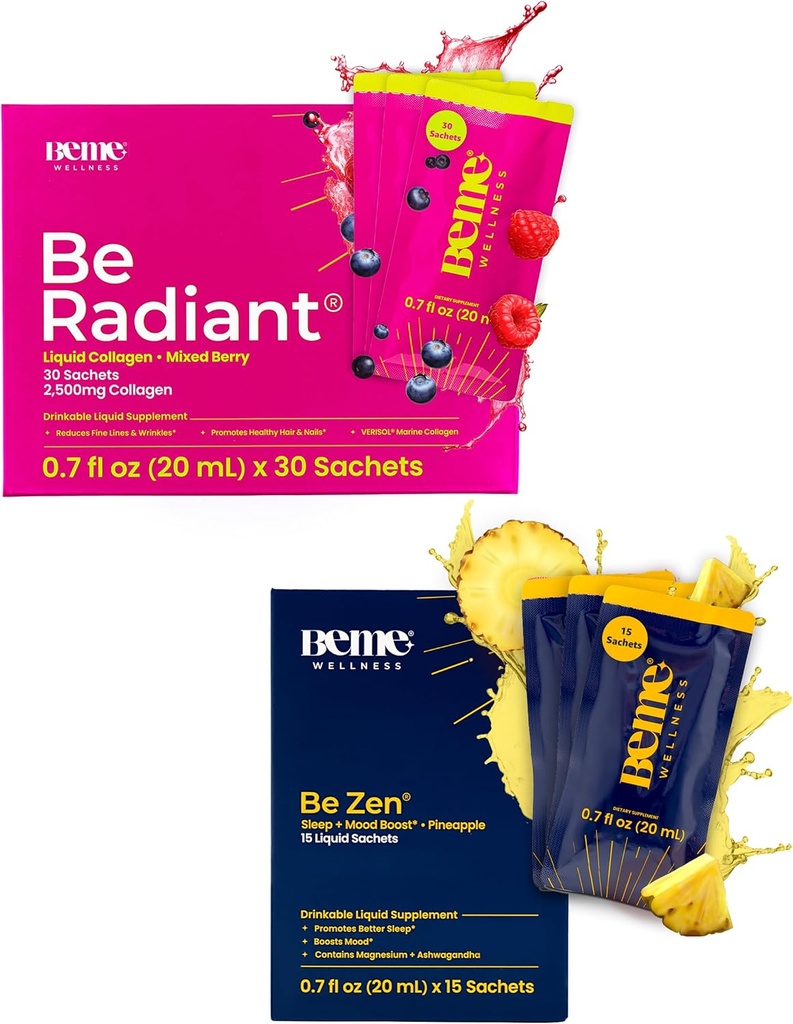BeMe BeRadiant Berry & BeZen Bundle - Liquid Collagen & Magnesium Glycinate L-Theanine Supplements