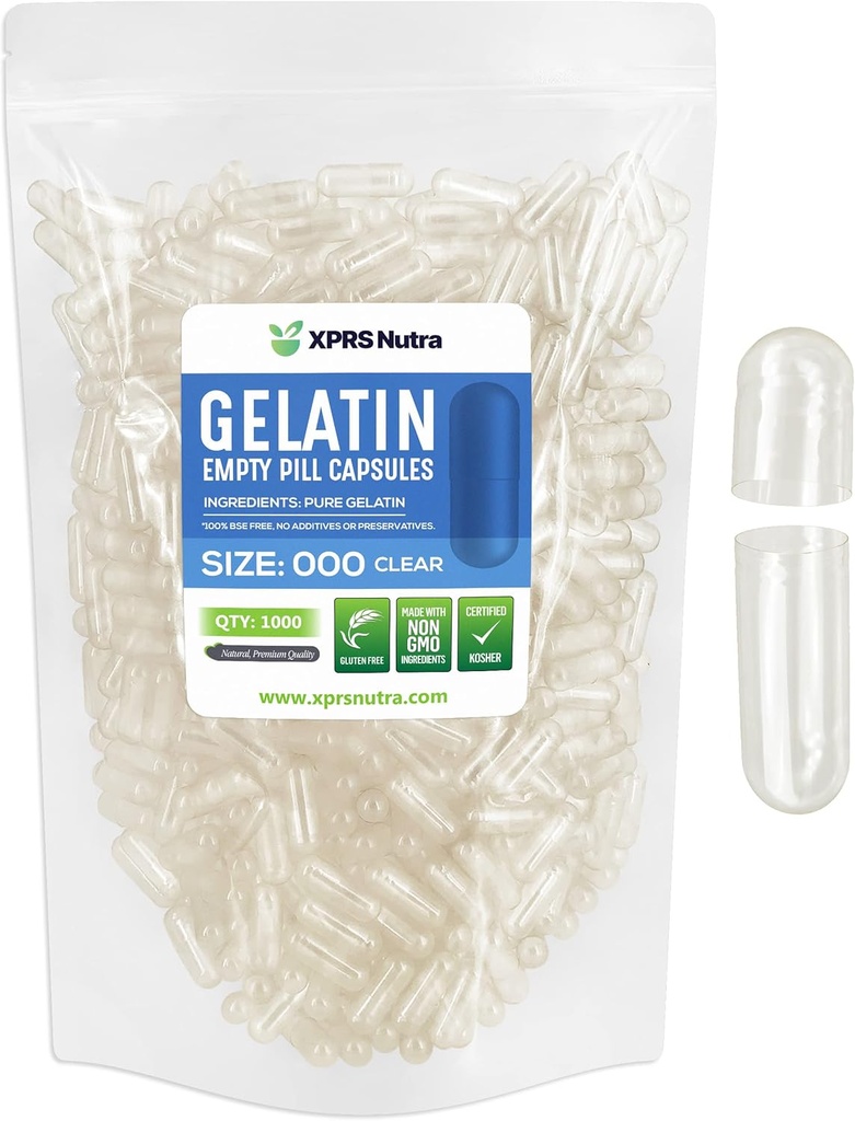 XPRS Nutra Size 000 Empty Capsules - 1000 Count Large Clear Empty Gelatin Capsules - Pills for DIY Supplement Capsule Filling - Fillable Color Gel Caps Pills for Do-It-Yourself Supplements