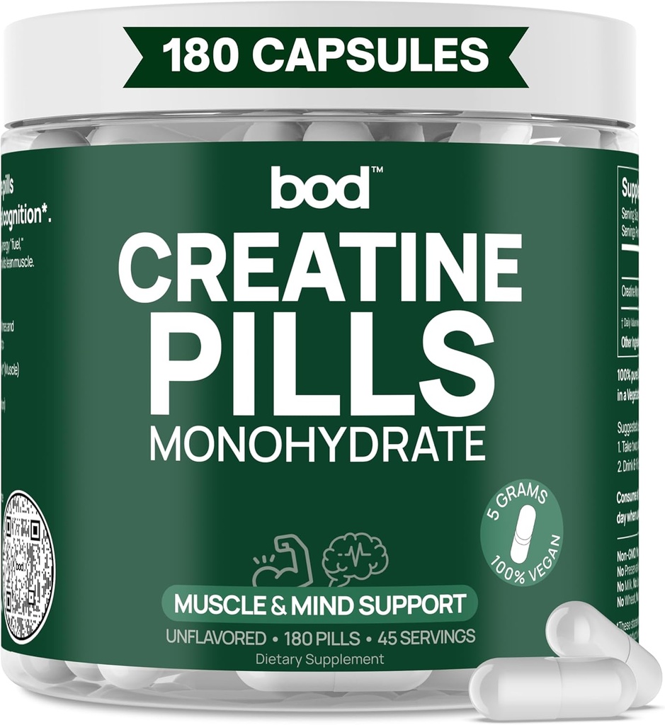 BOD Creatine Monohydrate Capsules – 45 Servings (4 Capsules = 5 g) – Ultra-Pure 200 Mesh Creatine Monohydrate – Strength, Power, Muscle Growth & Recovery