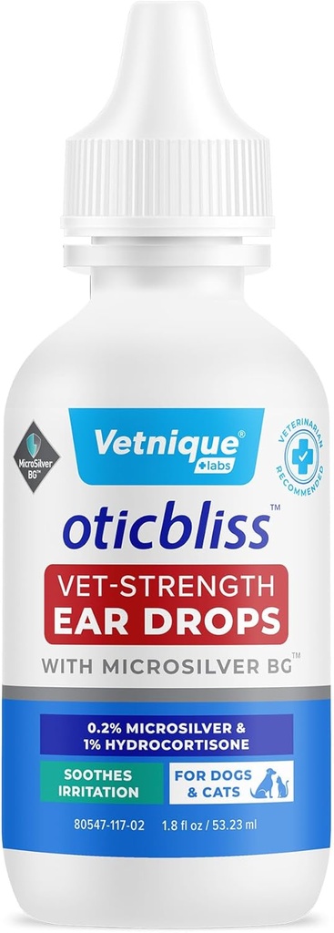 Vetnique Oticbliss Cat & Dog Ear Infection Treatment/Dog Ear Allergy Relief Drops, MicroSilver Yeast Infection Treatment for Dogs, Hydrocortisone for Itching, Redness Swelling (Ear Infection)