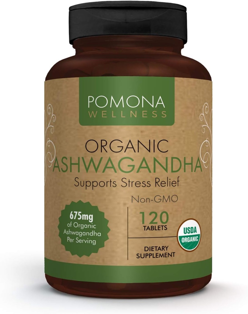 Pomona Wellness Organic Ashwagandha Supplement for Stress Support, 1,350 mg Mood Enhancer & Thyroid Support, USDA Organic, Vegan, Non-GMO, 120 Ashwagandha Root Powder Tablets