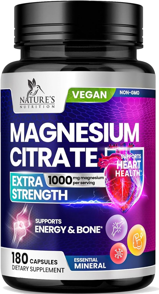 Magnesium Citrate Supplement Pills 1000mg - 3X Strength Magnesium Supplements for Bone, Muscle, Heart, Nature's Sleep Support for Men & Women, Vegan Mag Mineral, Non-GMO, Bottled in USA, 180 Capsules