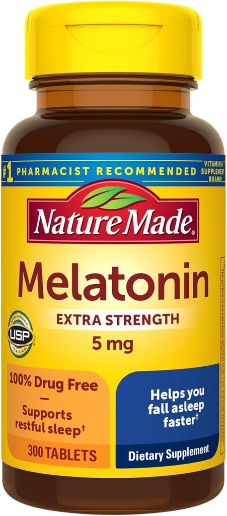 Nature Made Melatonin 5mg Extra Strength Tablets, 100% Drug Free Sleep Aid, Sleep Supplements for Adults, 300 Tablets, 300 Day Supply
