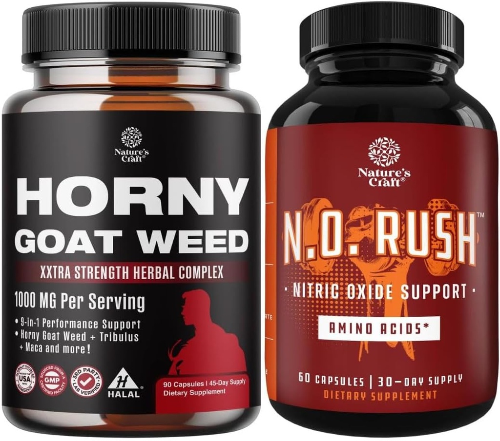 Bundle of Horny Goat Weed for Men with Black Maca Root, Tongkat Ali, Saw Palmetto & Panax Ginseng Extract for Stamina & Energy and Nitric Oxide Supplement with L-Arginine for Muscle Growth & Recovery