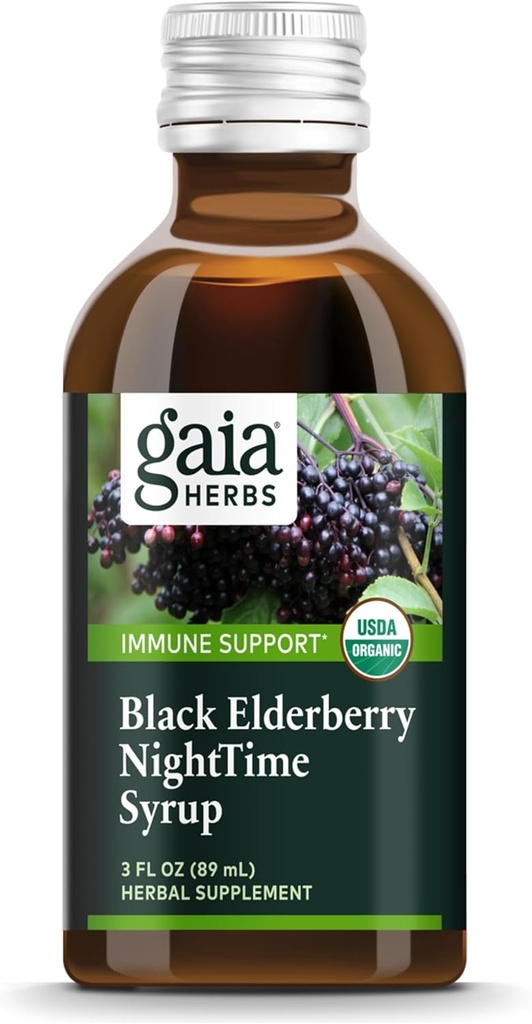 Gaia Herbs Black Elderberry, Nighttime Syrup - Immune Support Supplement - with Organic Black Elderberries, California Poppy & Lemon Balm for Restful Sleep & Immune Defense - 3 Fl Oz (18-Day Supply)