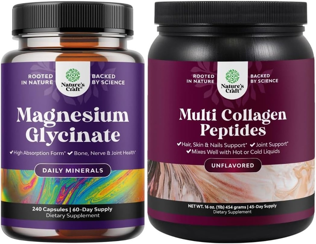 Bundle of High Absorption Magnesium Glycinate Capsules for Calming Sleep Plus Muscle Bone & Nerve Support and Multi Collagen Protein Powder for Women and Men - Hair Skin and Nails Vitamins