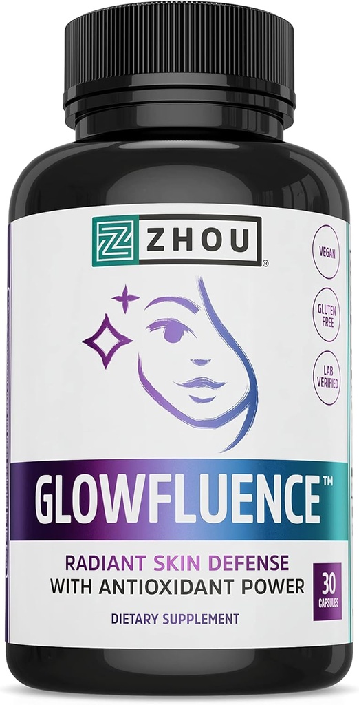 Zhou Glowfluence - Hyaluronic Acid Supplement with Vitamin C and Antioxidants, Glowing Skin and Hydration Support, Hyaluronic Acid Pills for Women and Men, Pure Formula - 30 Vegetarian Capsules