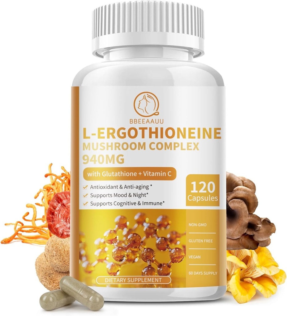 Mushroom Complex Capsules Supplements, 9 in 1 with L-Ergothioneine, Glutathione, Lions Mane, Reishi, Cordyceps, Organic Mushroom Extracts for Immune & Antioxidant Support 120 Counts-Non GMO, Vegan