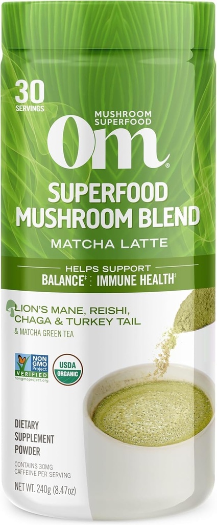 OM MUSHROOM SUPERFOOD Matcha Latte Blend – Green Tea Mushroom Powder with Lion’s Mane, Reishi, Chaga & Turkey Tail – Focus, Calm & Stress Support – 8.47 oz Canister (30 Servings)