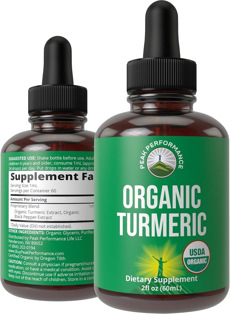 Turmeric Curcumin with Black Pepper USDA Organic Liquid Drops Vegan Extract for Women and Men. for Immune + Digestive Support. High Bioavailability Herbal Tincture Supplement. Zero Sugar, Gluten Free
