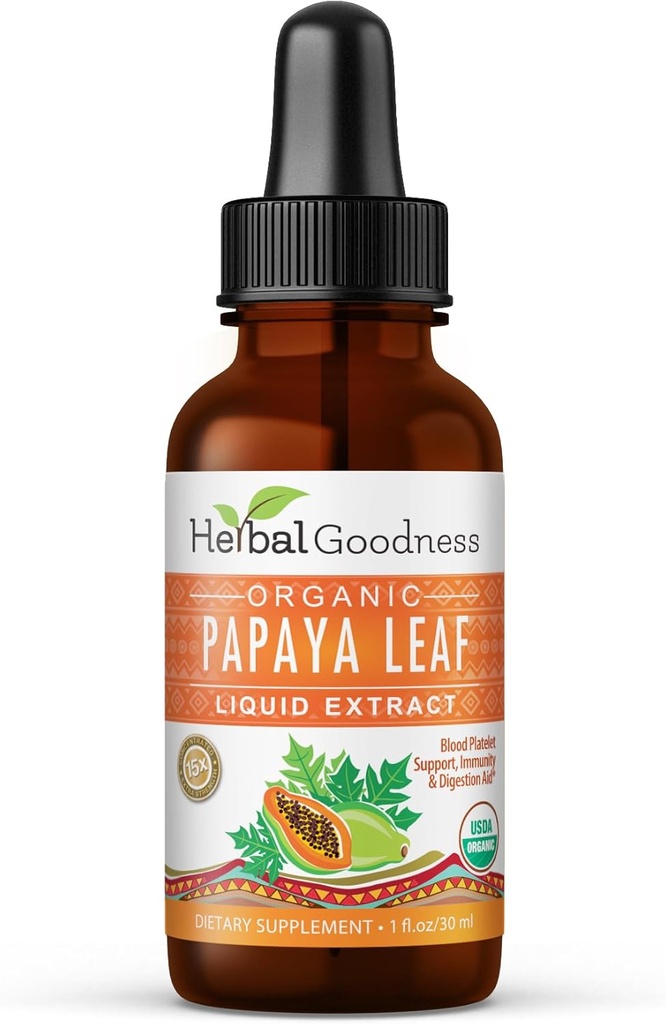 Herbal Goodness Papaya Leaf Extract 1oz – 15X Concentrated Organic Papaya Liquid Supplement | Papaya Enzyme Drops for Platelet Support, Digestive Health & Immune Support | Non-GMO, Vegan, Gluten-Free