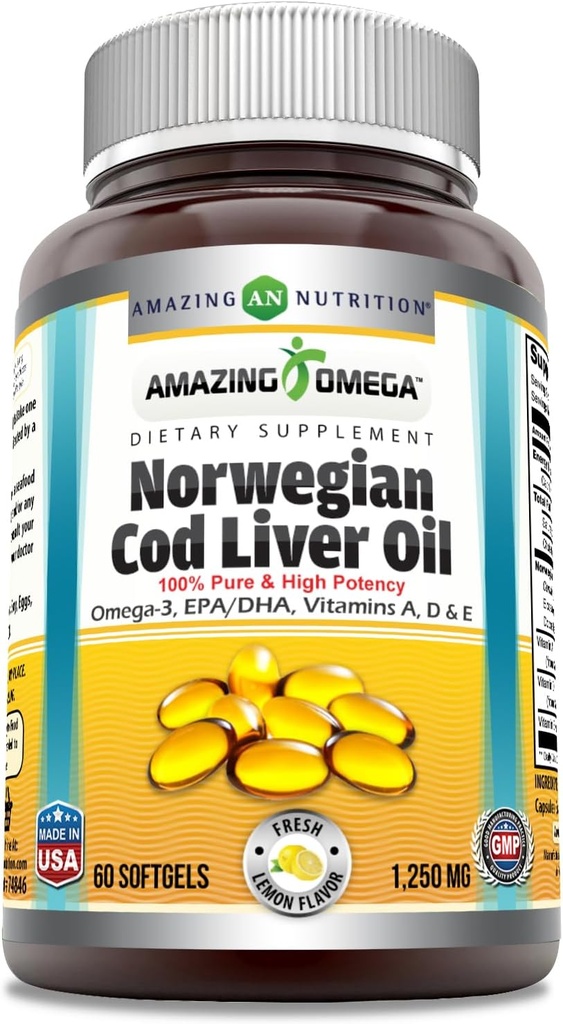Amazing Omega Norwegian Cod Liver Oil 1250 Mg Softgels Supplement | Omega-3, EPA, DHA, Vitamin A, Vitamin D & Vitamin E (Lemon | 60 Count)
