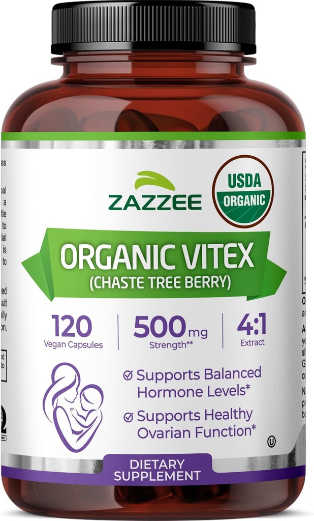 Zazzee USDA Organic Vitex, 500 mg Strength, 120 Vegan Capsules, 4 Month Supply, Kosher, Standardized and Concentrated 4X Extract, Whole USDA Certified Organic Chaste Berry, All-Natural and Non-GMO