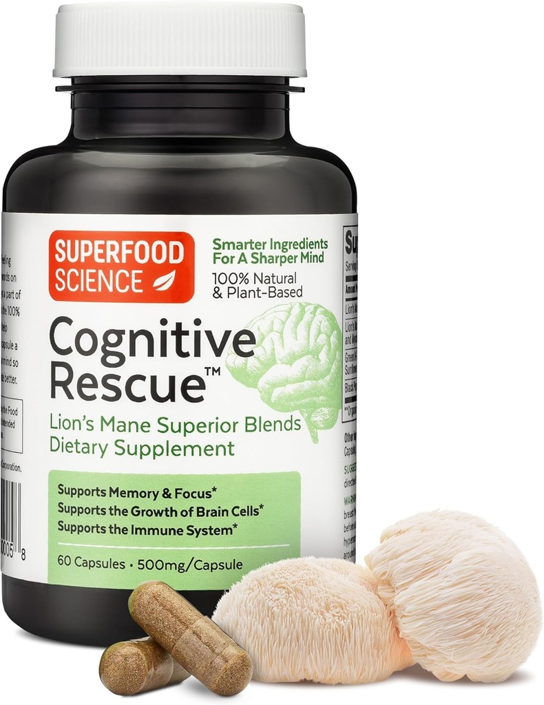 Cognitive Rescue, Lion's Mane Mushroom Capsules w/ Lion's Mane Dual Extract, Nootropics, Brain Supplement for Memory and Focus, Mushroom Immune Support w/ B Vitamins Complex, BioPerine, 60 capsules